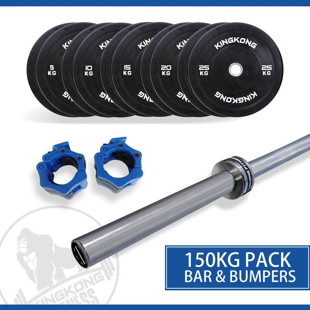 150KG Olympic Bumper Plates Set + 20KG Olympic Barbell 700LB I IN STOCK - Kingkong Fitness