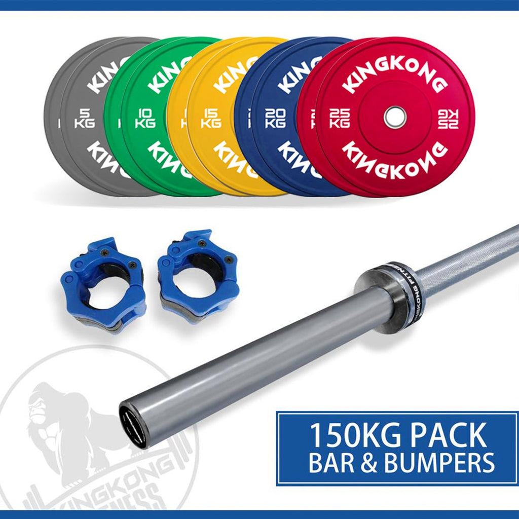150KG Premium Color Olympic Bumper Plates Set + 20KG Olympic Barbell 700LB I IN STOCK - Kingkong Fitness